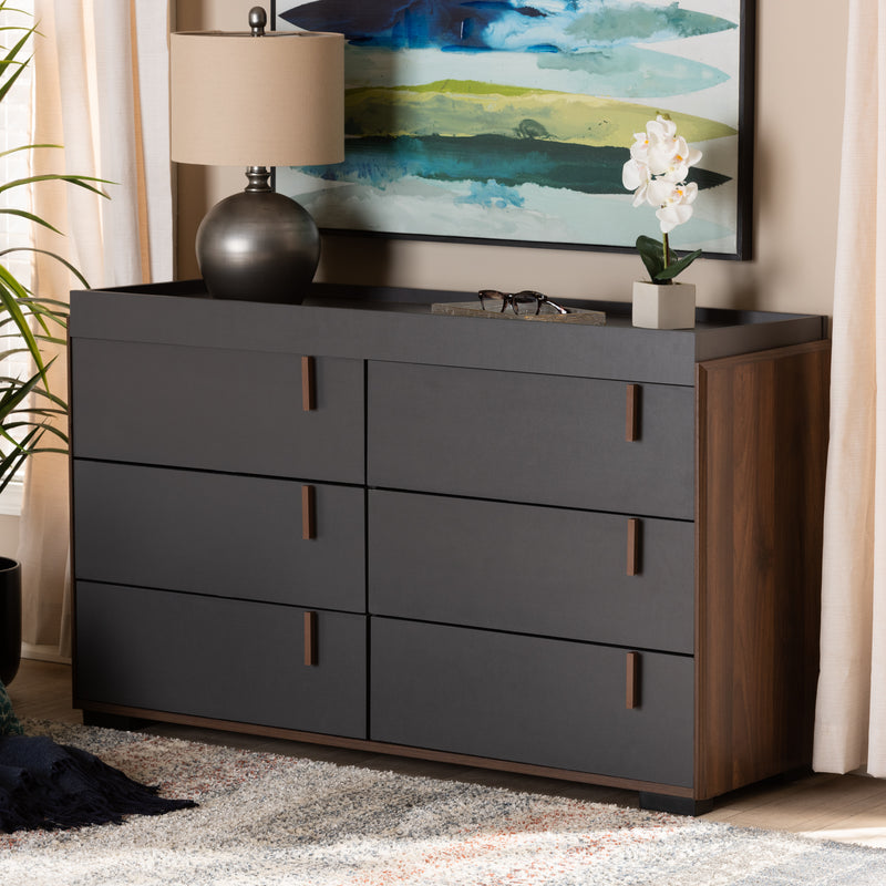 Rikke Dresser: Modern Two-Tone Gray and Walnut Finished Wood 6-Drawer Storage Solution for Bedroom Organization