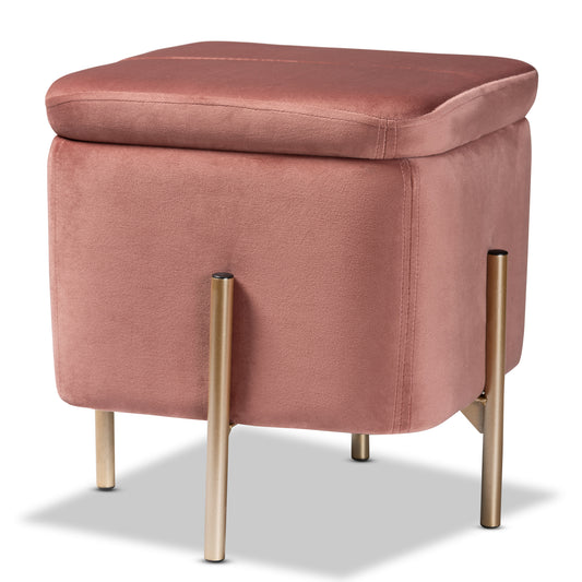 Aleron Ottoman Contemporary Glam Luxe Pink Velvet Fabric Upholstered Gold Finished Metal Storage