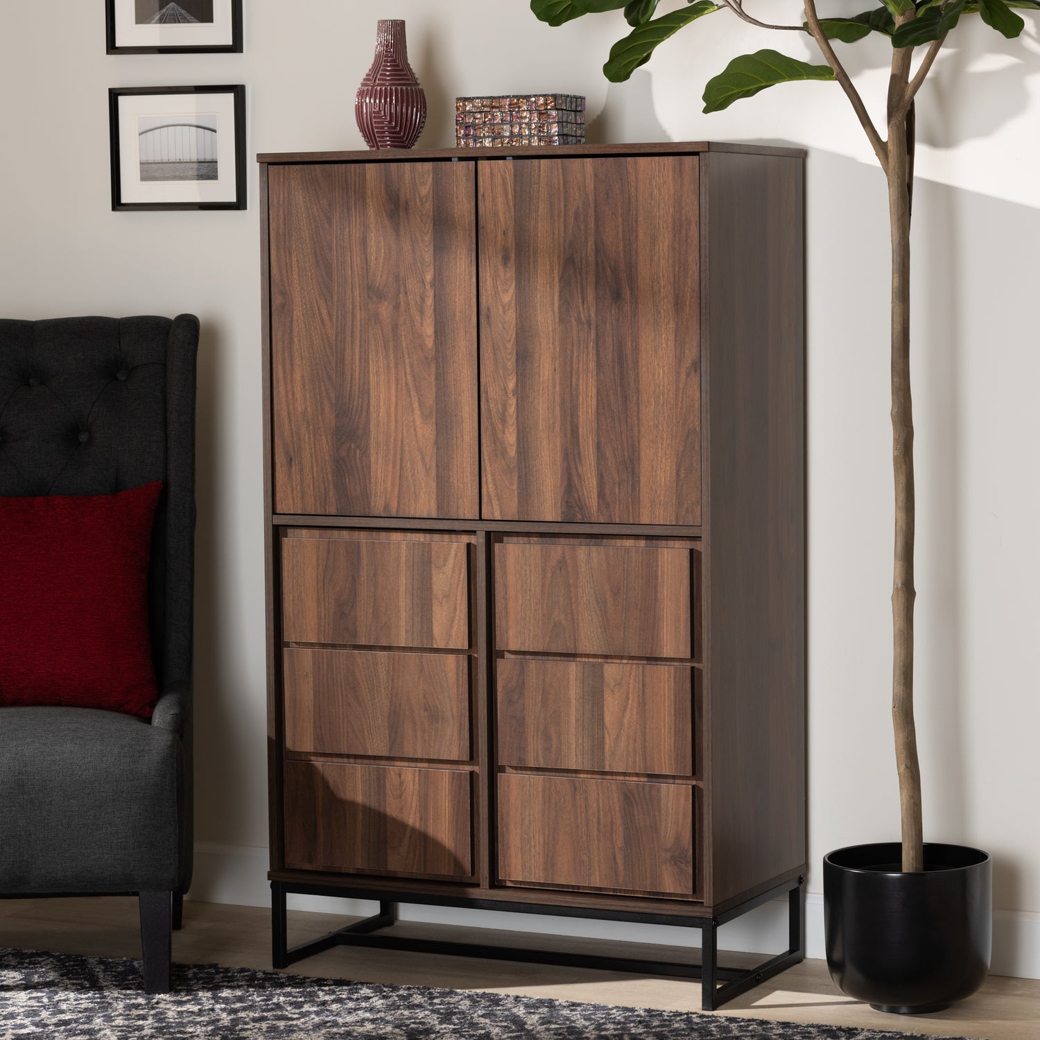 Neil Multipurpose Storage Cabinet in Modern Contemporary Design with Walnut Brown Wood and Black Metal Finish