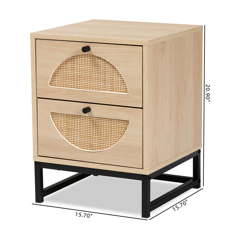 Ardon End Table Bohemian Light Brown Wood and Black Metal Design with 2 Drawers and Natural Rattan Accents