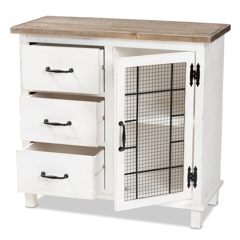 Faron Storage Cabinet Classic Farmhouse Style Two-Tone Distressed White and Oak Finish with 3 Drawers for Organized Storage