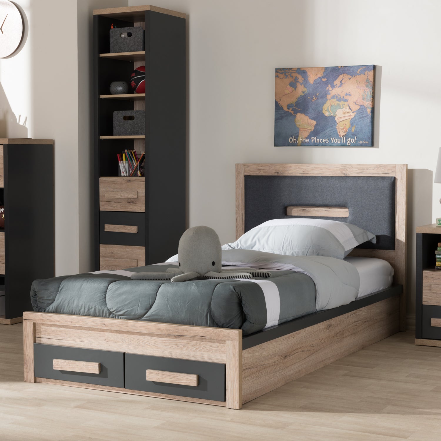 Pandora Twin Size Storage Platform Bed Modern Dark Grey and Light Brown Two-Tone Design with 2 Drawers for Enhanced Organization