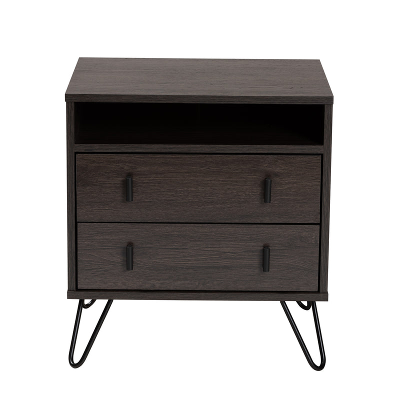 Glover Modern Nightstand Dark Brown Wood with Black Metal Accents Featuring 2 Drawers for Stylish Bedroom Storage