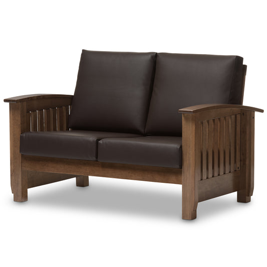 Charlotte Loveseat Modern Classic Mission Style Walnut Brown Wood Dark Brown Faux Leather Upholstery