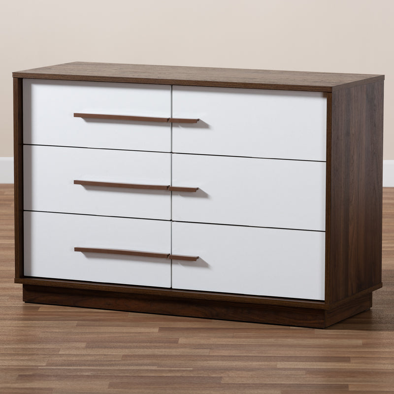 Mette Mid-Century Modern Dresser Two-Tone White and Walnut Finished 6-Drawer Wood Storage for Bedroom or Living Room