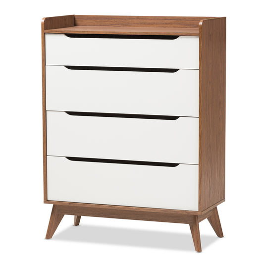 Brighton Storage Chest Mid-Century Modern 4-Drawer Design in White and Walnut Wood for Stylish Organization