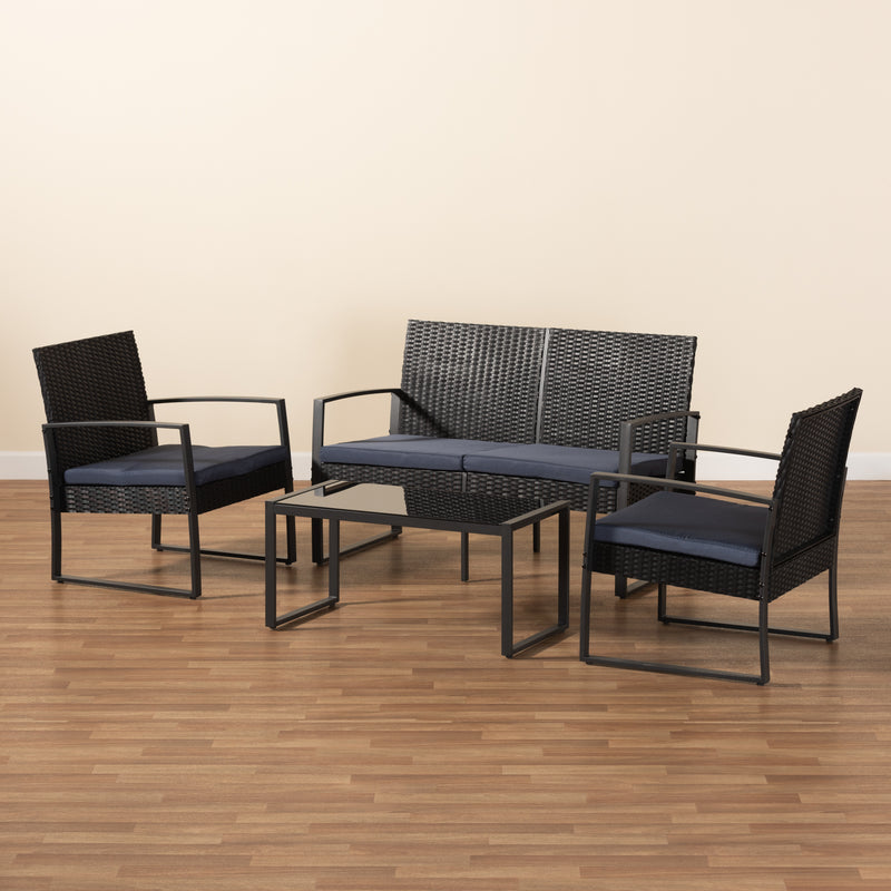 Greta Patio Set Modern 4-Piece Outdoor Furniture with Dark Blue Fabric Upholstery, Black Metal Finish, and Synthetic Rattan