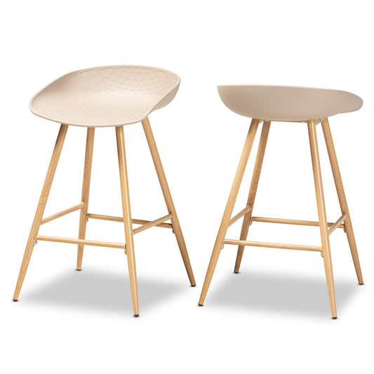 Mairi Counter Stool Set - Modern 2-Piece Beige Plastic and Wood Design for Kitchen or Bar Use