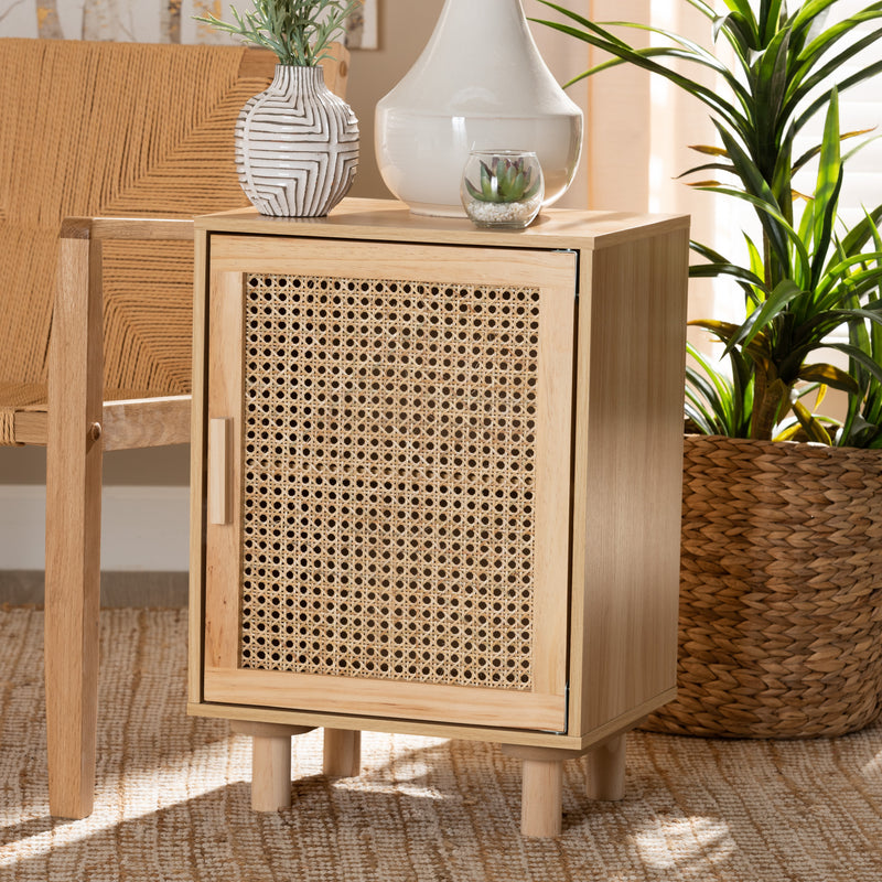 Maclean End Table - Mid-Century Modern Rattan and Natural Brown Wood, 1-Door Storage for Living Room or Bedroom