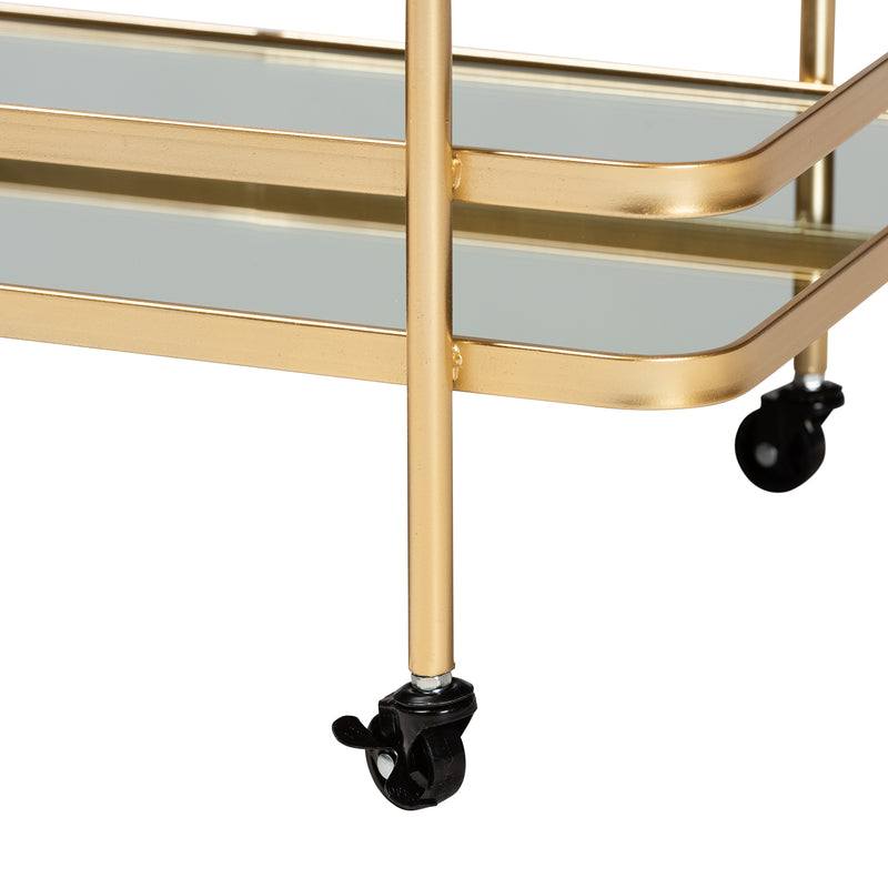 Destin Mobile Wine Bar Cart - Modern Glam Design with Brushed Gold Metal and Mirrored Glass, 2-Tier Storage