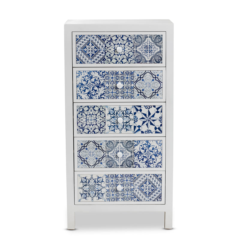 Alma Accent Storage Cabinet Spanish Mediterranean Inspired 5-Drawer Design with White Wood and Blue Floral Tile