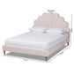 Odille Queen Size Platform Bed Modern Glam Light Pink Velvet Upholstered with Walnut Brown Wood Seashell Shaped Design