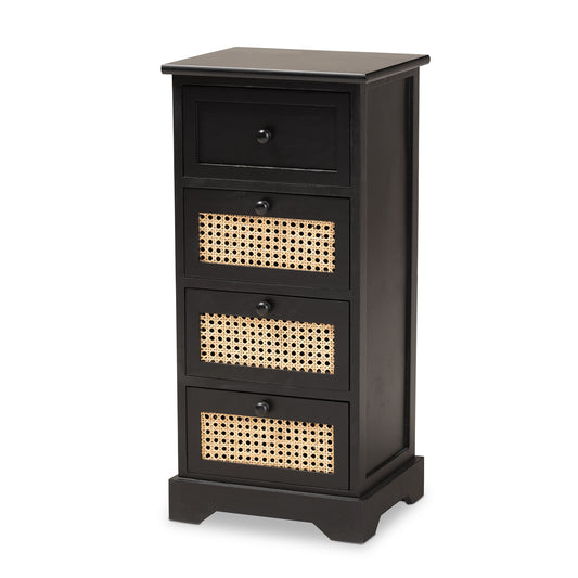 Dacey Storage Cabinet Mid-Century Modern Design in Espresso Brown Wood with Rattan Accents and 4 Drawers for Stylish Organization