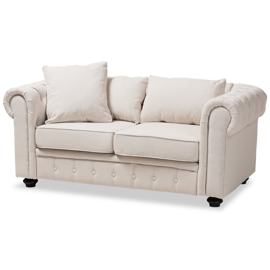 Alaise Loveseat Modern Classic Beige Linen Tufted Scroll Arm Chesterfield