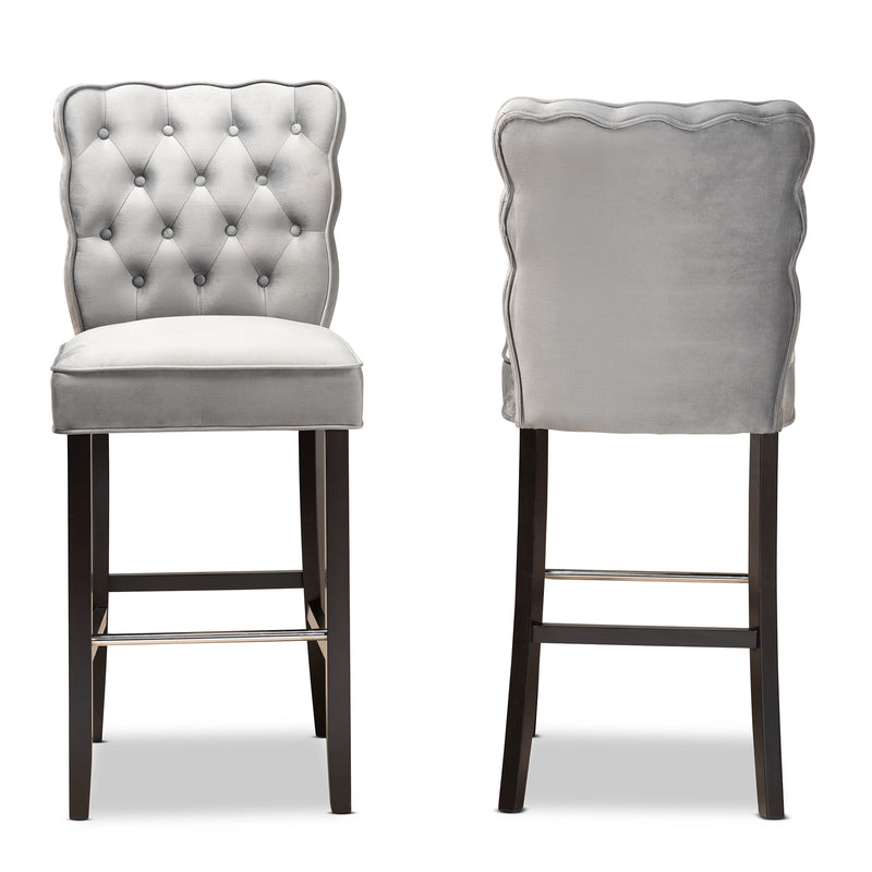 Daphne Bar Stool Set Modern and Contemporary Dark Grey Velvet Fabric Upholstered with Dark Brown Finished Wood 2-Piece