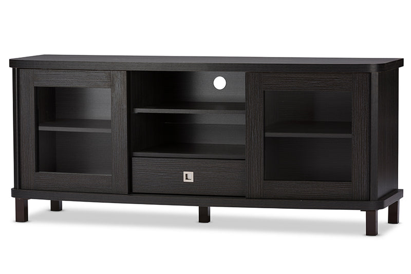 Walda 60-Inch TV Cabinet in Greyish Dark Brown Wood with 2 Sliding Doors and 1 Drawer for Stylish Living Room Storage Solutions