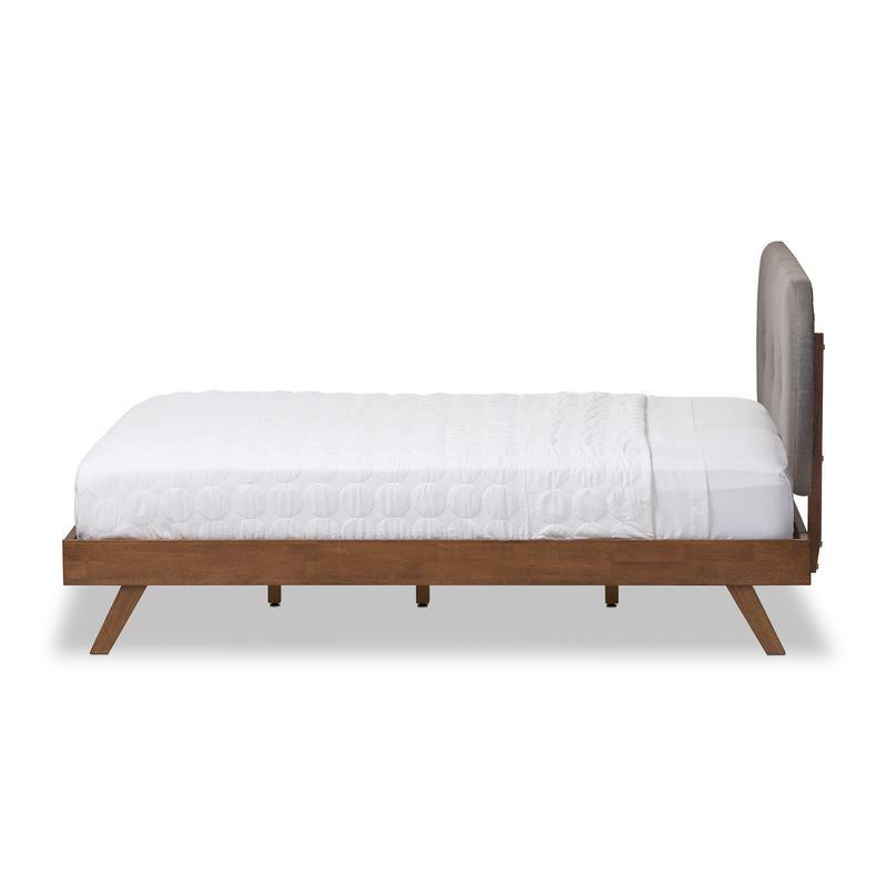 Penelope Platform Bed - Mid-Century Modern Solid Walnut Wood with Grey Fabric Upholstery