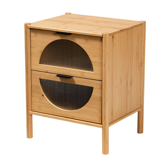 Naresh End Table Mid-Century Modern Design in Natural Brown Bamboo Wood with 2 Drawers for Stylish Storage