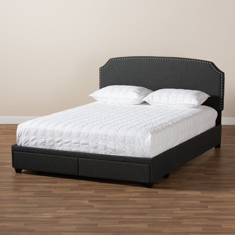 Larese Queen Size Platform Storage Bed Dark Grey Fabric Upholstered with 2 Convenient Drawers for Storage