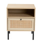 Caterina End Table - Mid-Century Modern Design with Natural Brown Wood and Rattan, 1-Door Storage for Living Room or Bedroom