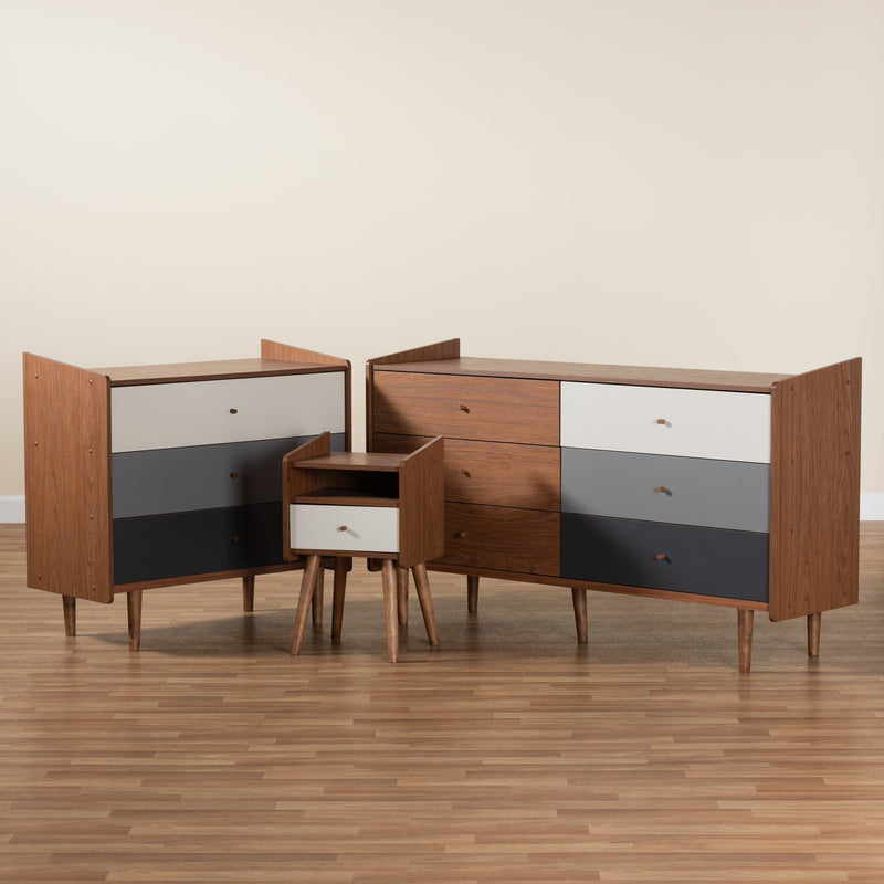 Halden Mid-Century Modern 3-Piece Storage Set in Multicolor Walnut Brown and Grey Wood Finish