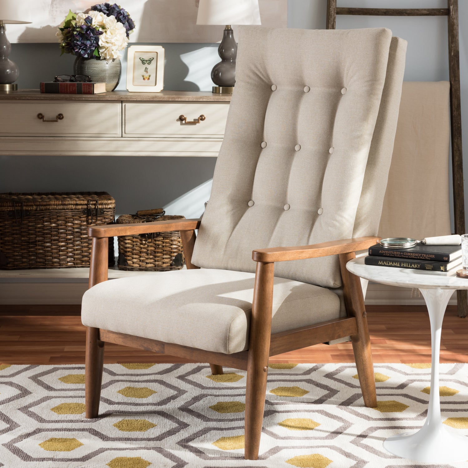 Roxy Mid-Century Modern High-Back Chair in Walnut Brown with Light Beige Upholstery and Button-Tufted Design for Living Room or Office