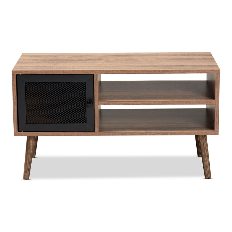 Yuna Coffee Table - Mid-Century Modern Design with Natural Brown Wood and Black Metal, Features 1-Door Storage Solution