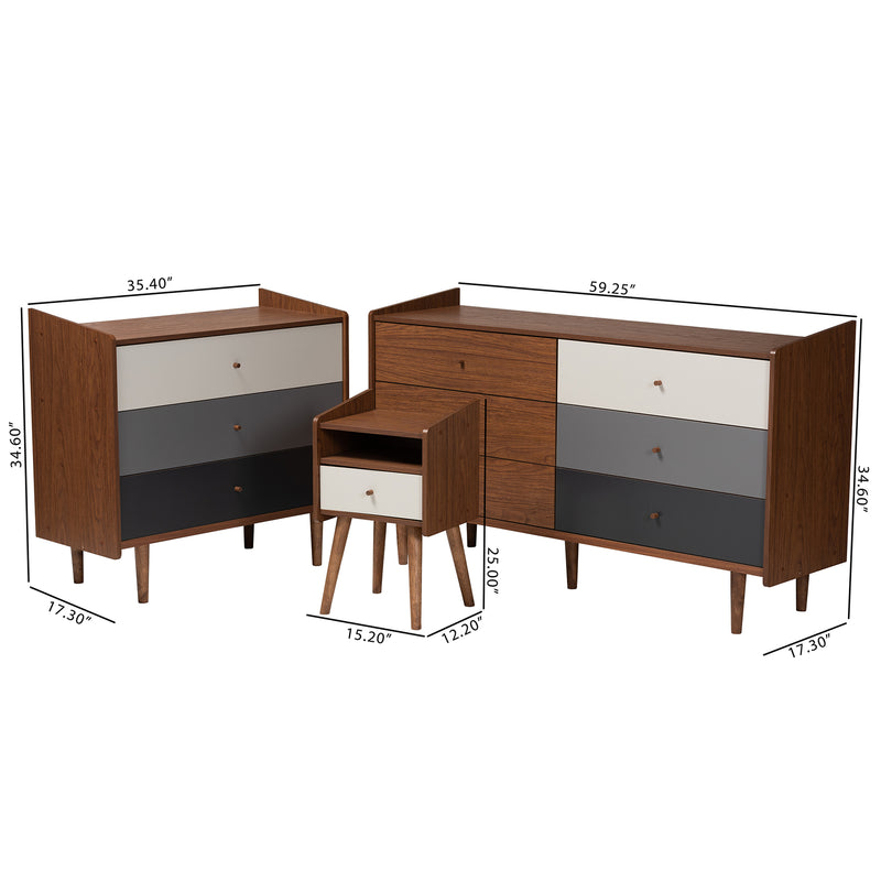 Halden Mid-Century Modern 3-Piece Storage Set in Multicolor Walnut Brown and Grey Wood Finish