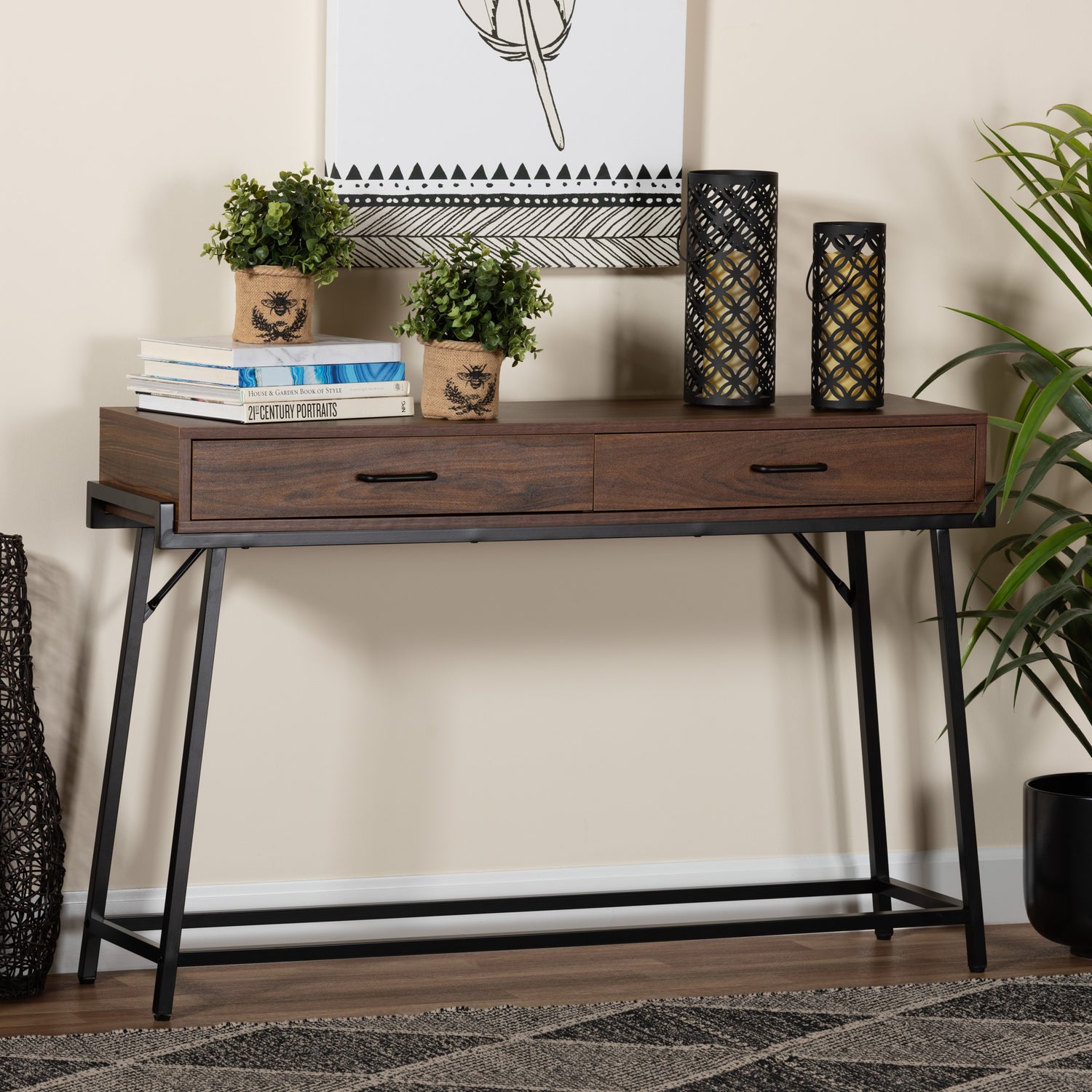 Eivor Console Table Modern Industrial Design with Walnut Brown Wood and Black Metal Featuring 2 Storage Drawers and Style