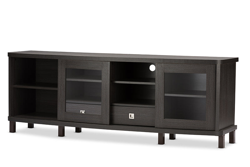 Walda TV Cabinet 70-Inch Greyish Dark Brown Wood with 2 Sliding Doors and 2 Drawers