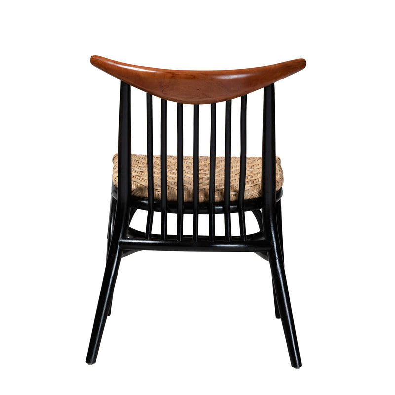 Parthenia Mid-Century Modern Dining Chair in Two-Tone Black and Walnut, Crafted from Mahogany with Natural Rattan Accents