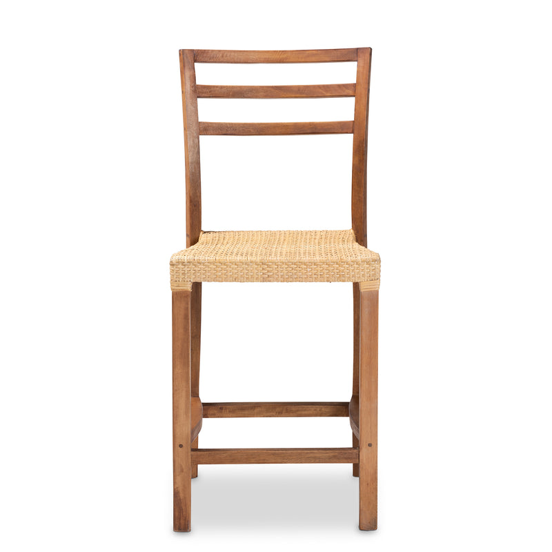 Arthur Counter Stool - Mid-Century Modern Walnut Brown Mahogany with Natural Rattan Seat