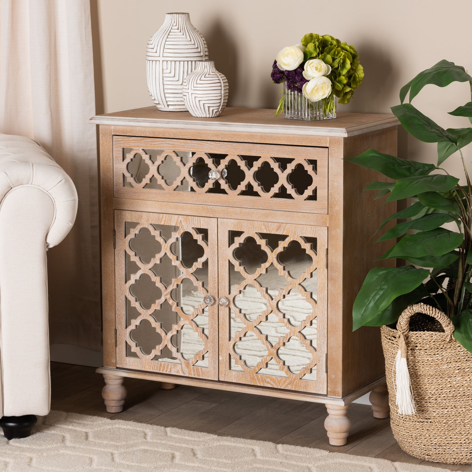 Leah Glam Rustic Oak Brown Wood and Mirrored 1-Drawer Quatrefoil Storage Cabinet for Farmhouse Decor and Stylish Organization