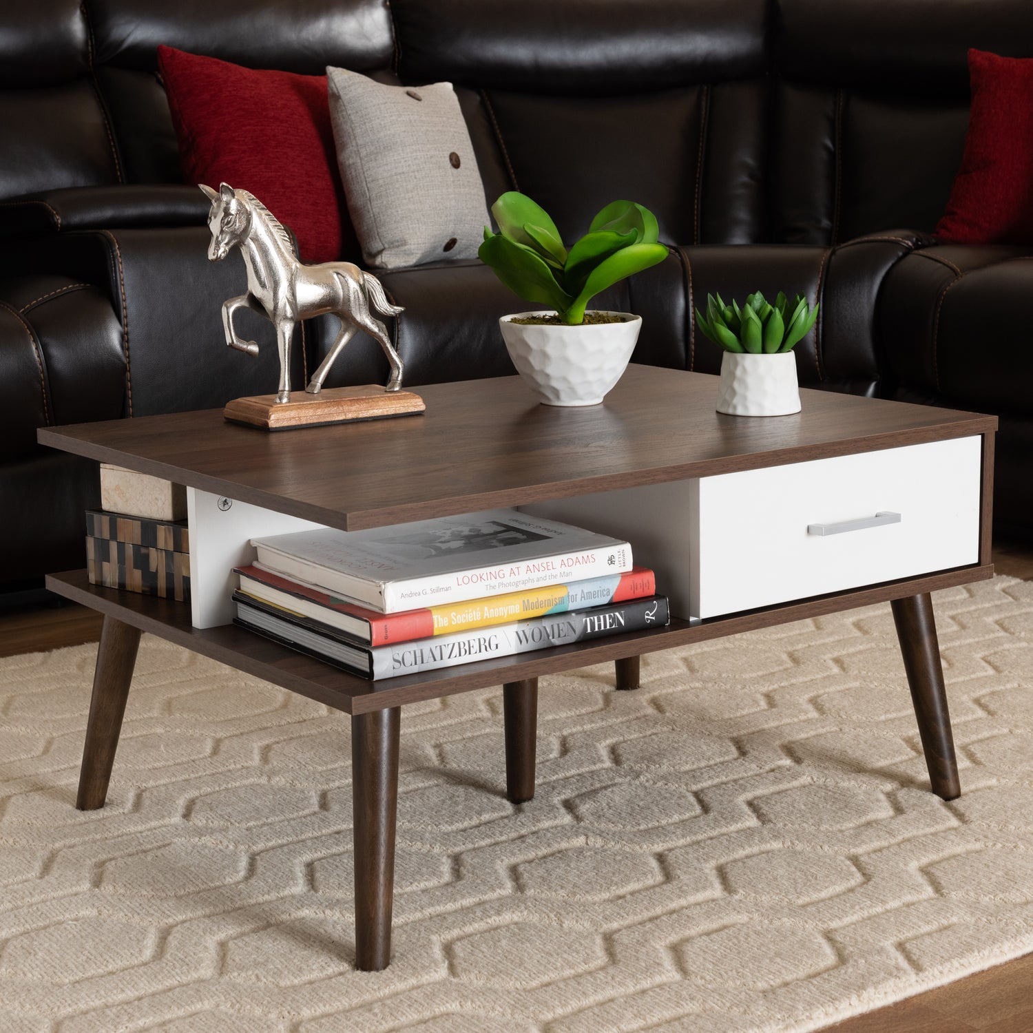 Merlin Mid-Century Modern Coffee Table - Two-Tone Walnut and White 2-Drawer Wood Design for Stylish Living Rooms