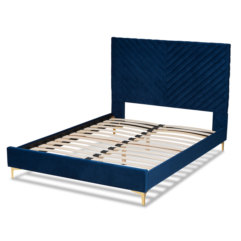 Fabrico Platform Bed - Contemporary Glam and Luxe Navy Blue Velvet Upholstered with Gold Metal