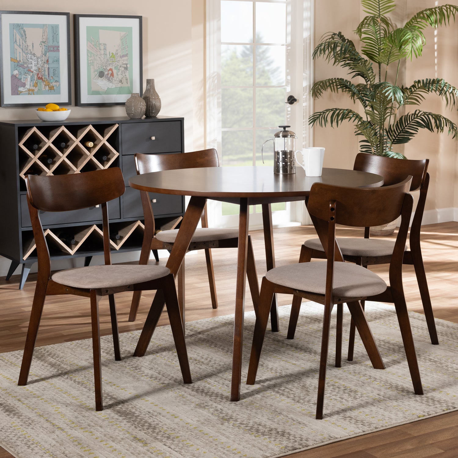 Rika Dining Set Mid-Century Modern Transitional Light Beige Fabric Upholstered Walnut Brown Finished Wood 5-Piece