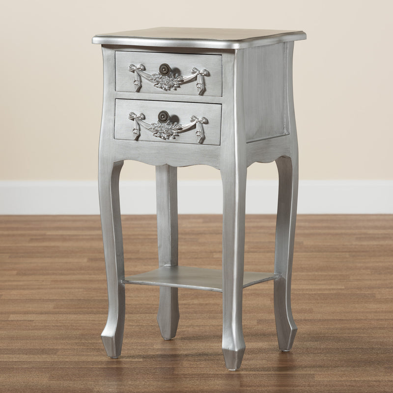 Eliya End Table Classic and Traditional Brushed Silver Finished Wood 2-Drawer