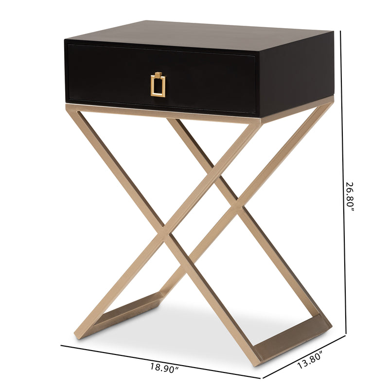 Patricia End Table Modern Contemporary Design Black Finished Wood Powder Coated Brass Effect Metal with 1 Drawer for Storage