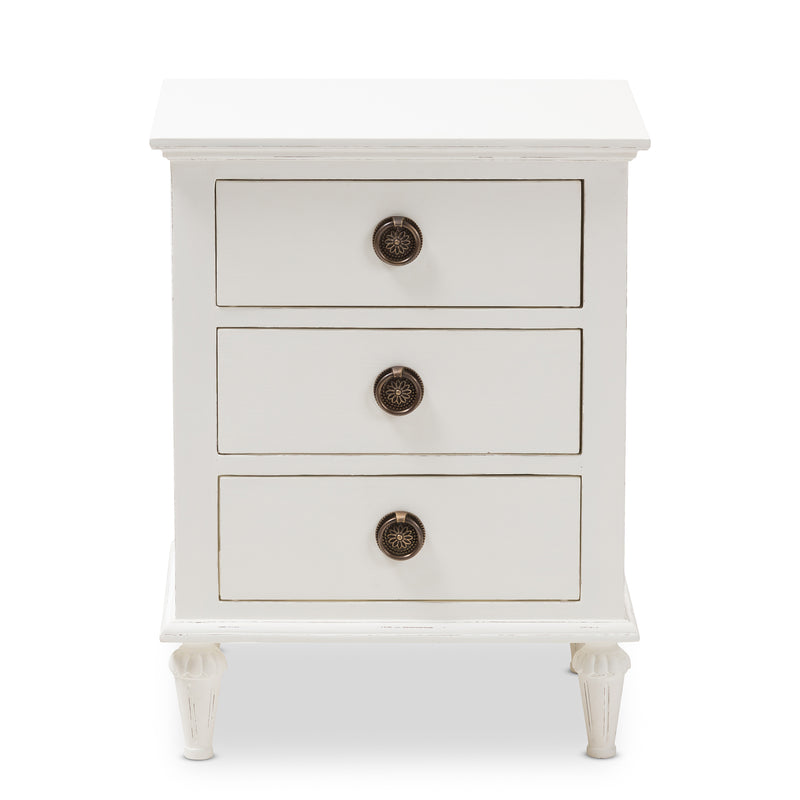 Venezia Nightstand French-Inspired Rustic Whitewash Wood 3-Drawer Storage Solution for Bedroom Decor