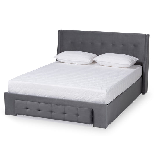 Noella Queen Size Platform Storage Bed - Modern Grey Velvet Upholstered Design with 1 Drawer for Extra Storage