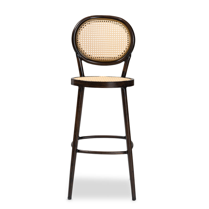 Thalia Outdoor Bar Stool - Mid-Century Modern Dark Brown Metal and Synthetic Rattan for Stylish Patio Seating