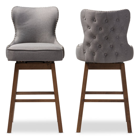 Gradisca Barstool Set Modern and Contemporary Brown Wood Finishing and Grey Fabric Button-Tufted Upholstered 2-Piece