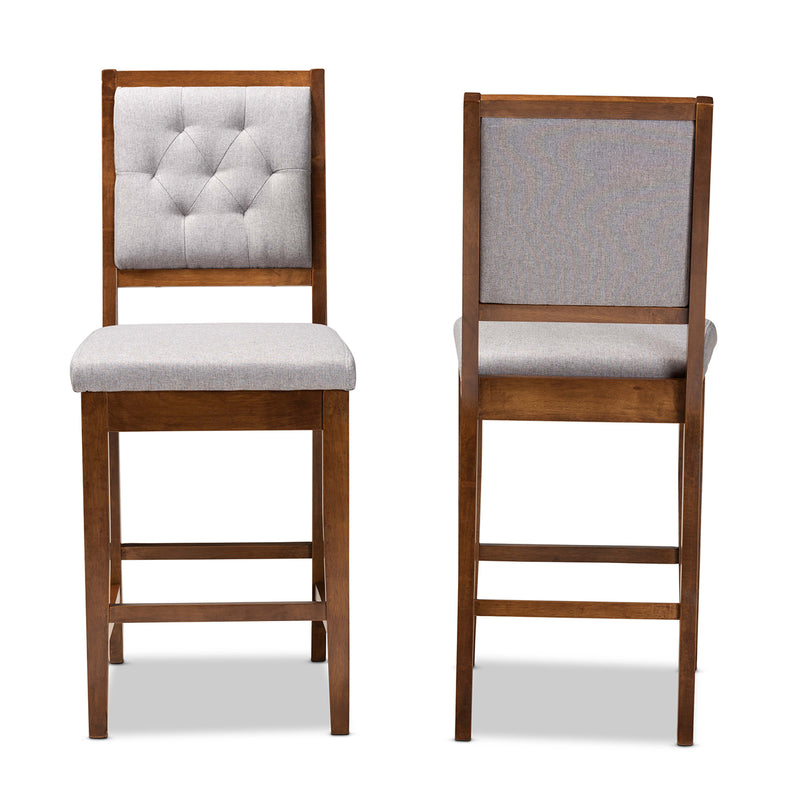 Gideon Counter Stool Set Modern and Contemporary Grey Fabric Upholstered Walnut Brown Finished Wood 2-Piece