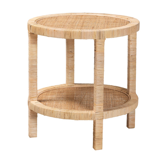 Bella Modern Bohemian End Table Natural Brown Mahogany Wood and Rattan 2-Tier Design for Chic Living Room Decor