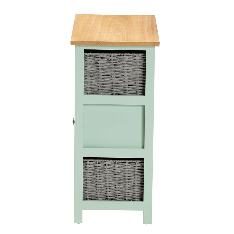 Valtina Storage Unit - Modern Two-Tone Oak Brown and Mint Green 3-Drawer Organizer with Baskets for Stylish Home Storage Solutions