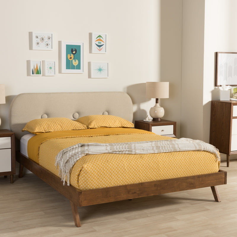 Penelope Queen Size Platform Bed - Mid-Century Modern Solid Walnut Frame with Light Beige Fabric Upholstery