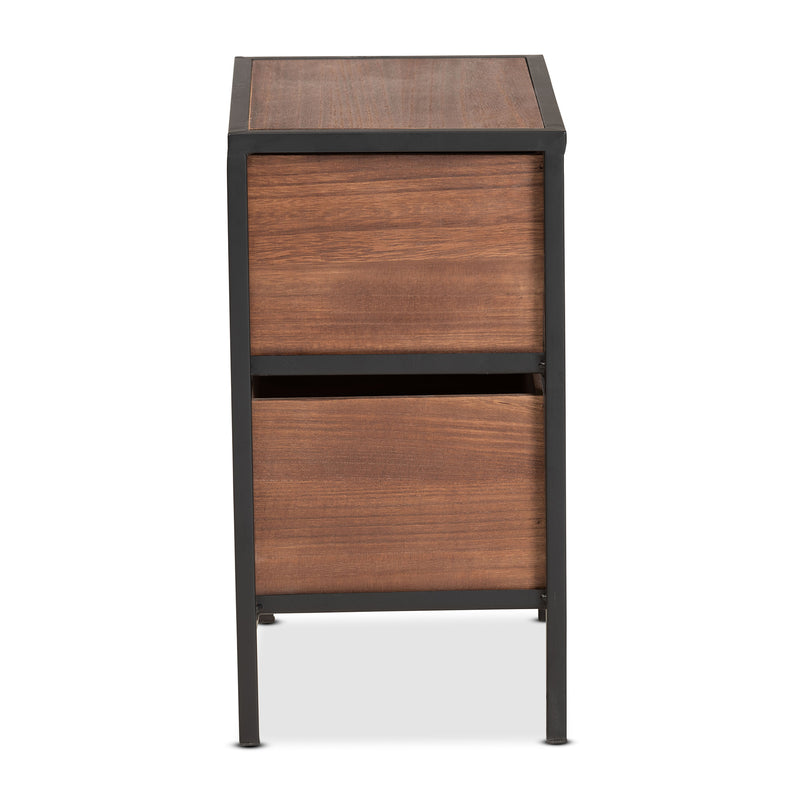 Hillard Modern Industrial End Table Walnut Brown Wood with Black Metal, 2-Drawer Design for Stylish Storage and Organization