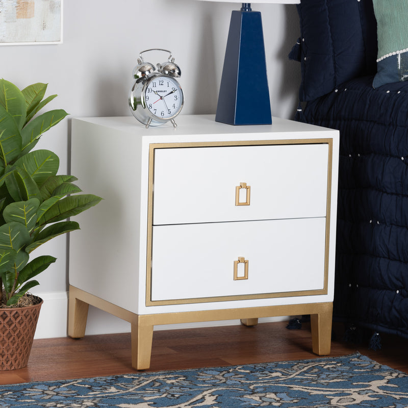 Donald End Table Modern Glam and Luxe White Finished Wood and Gold Metal 2-Drawer