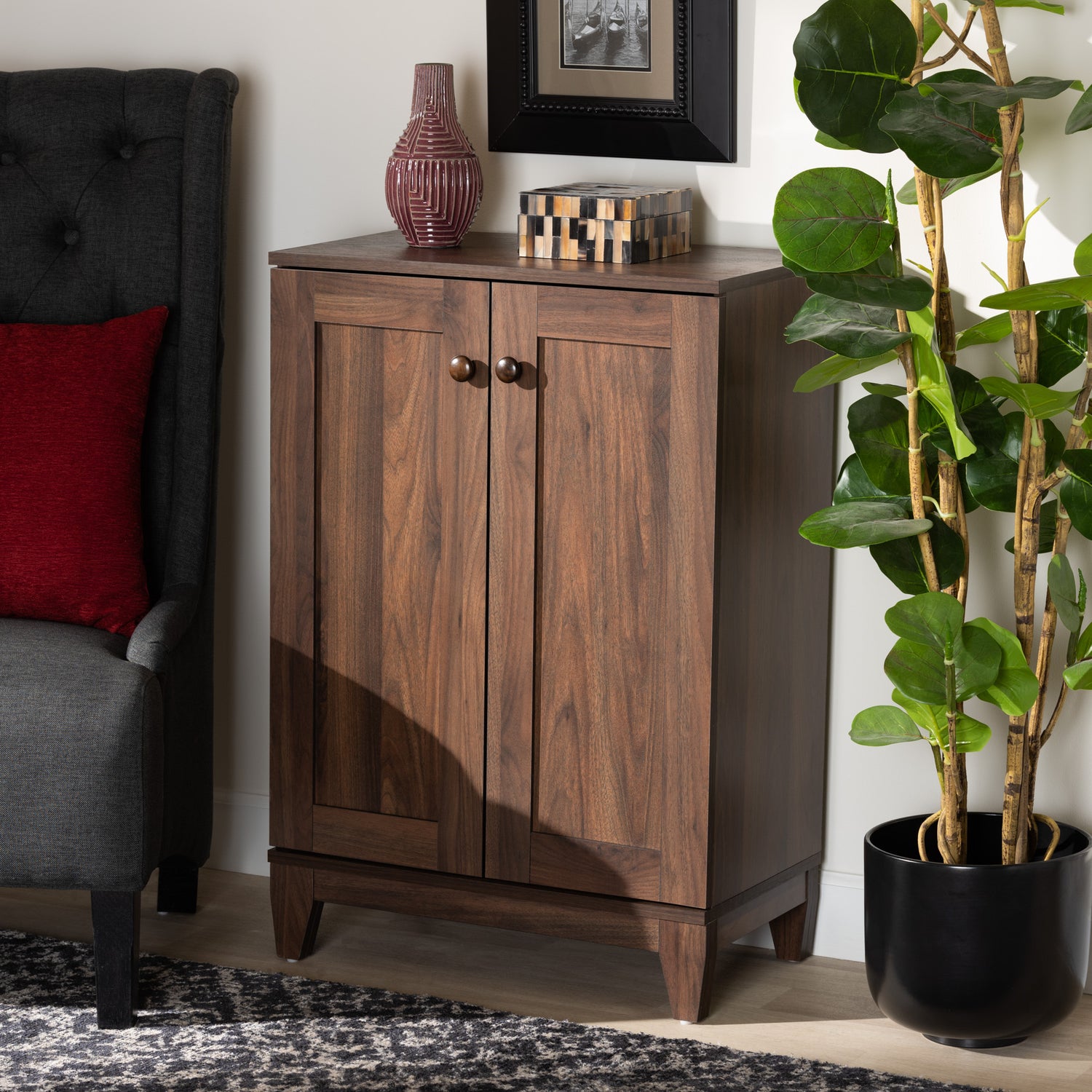 Nissa Shoe Storage Cabinet Modern Walnut Brown Finished Wood with 2 Doors for Organized Footwear Storage