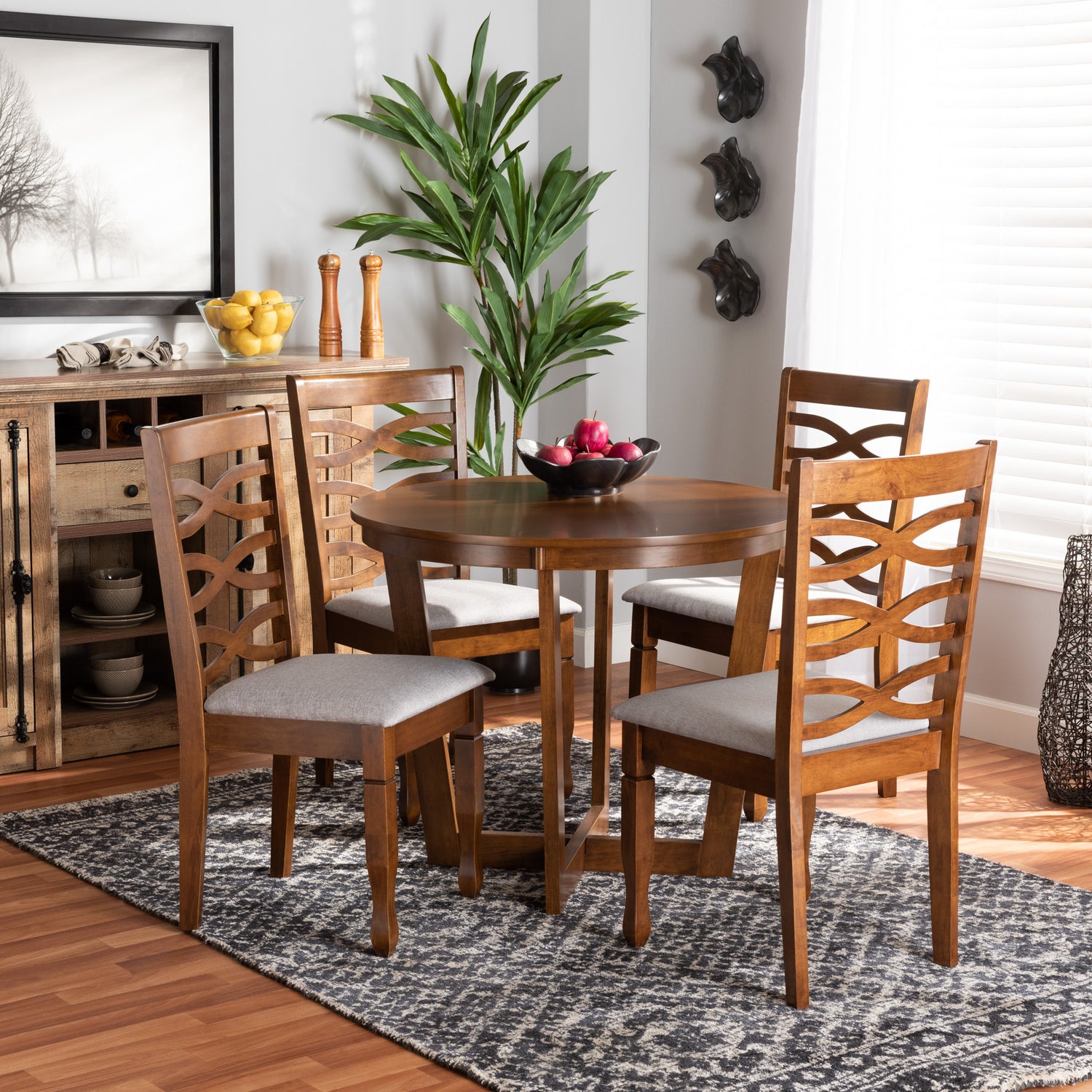 Alicia 5-Piece Dining Set Modern Grey Fabric Upholstered Chairs with Walnut Brown Finished Wood Table